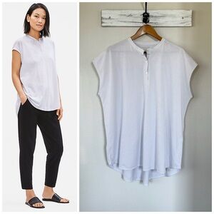 EILEEN FISHER L Organic Cotton Stripe Mandarin Collar Tunic Top Dark Pearl